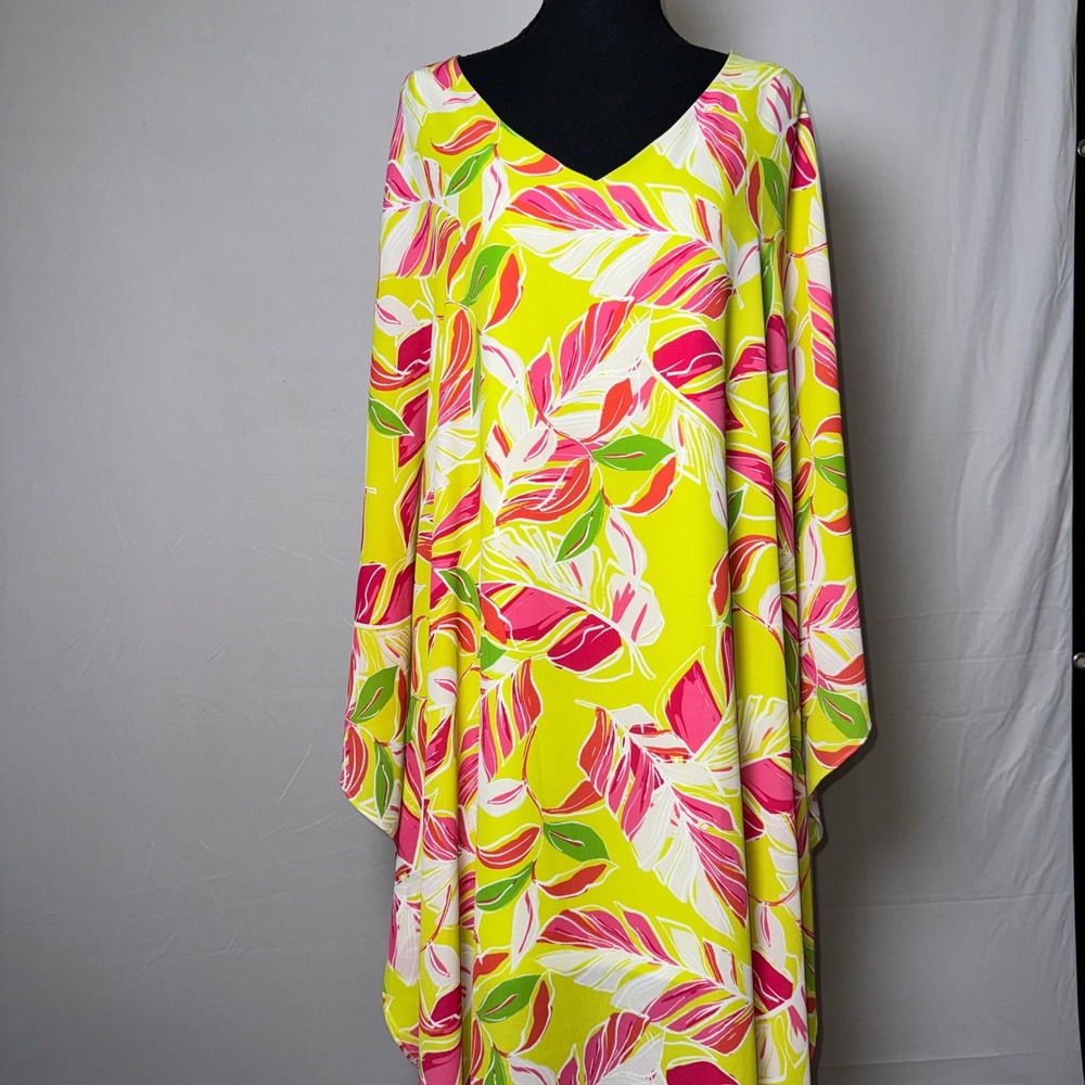 Adrienne Celine Caftan Maxi Dress Lime Green Pink Tropical Leaf Print V-Neck S/M